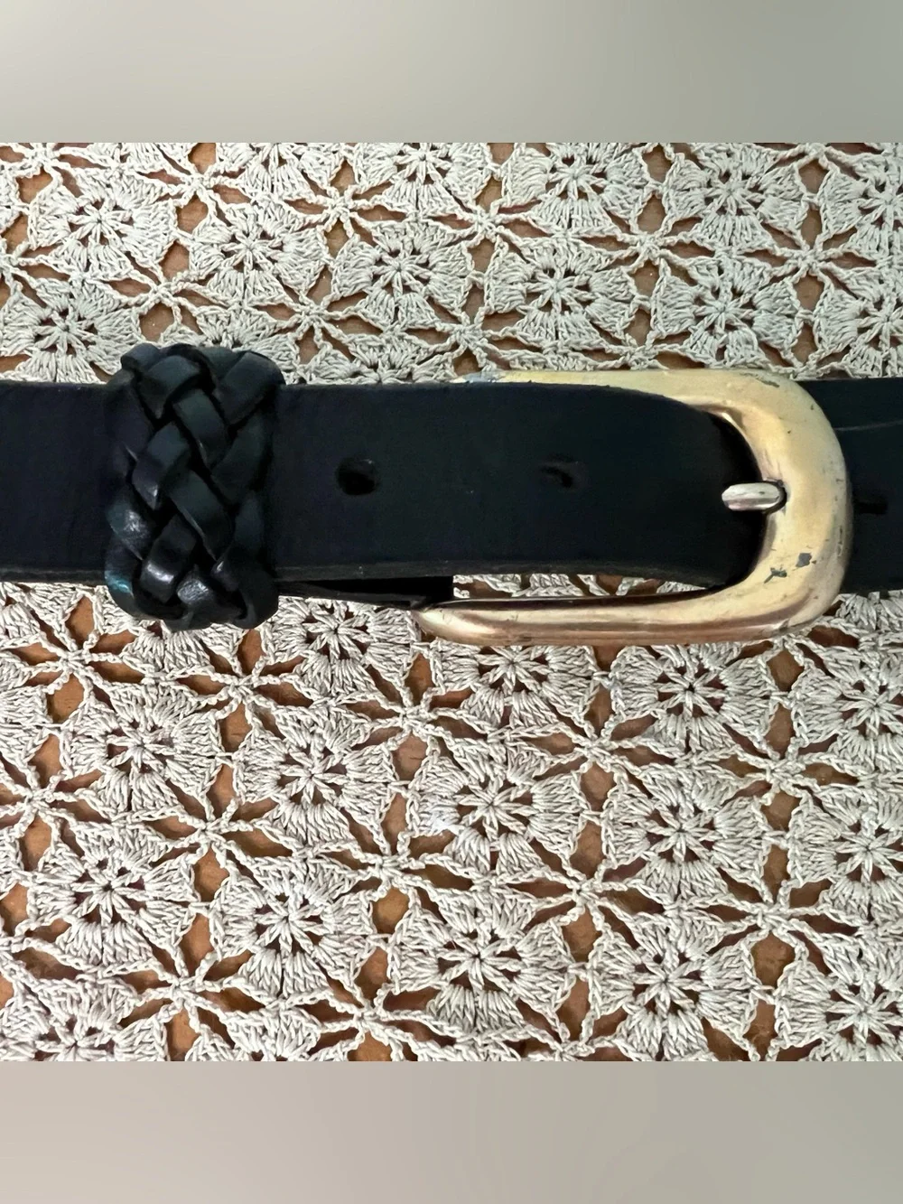 Black Leather Belt with Braided Knot and Brass Buckle